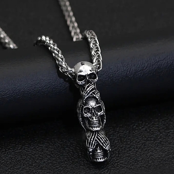 New! MEN'S See, Hear, Speak No Evil Skull Stack Pendant Necklace. - Picture 5 of 8